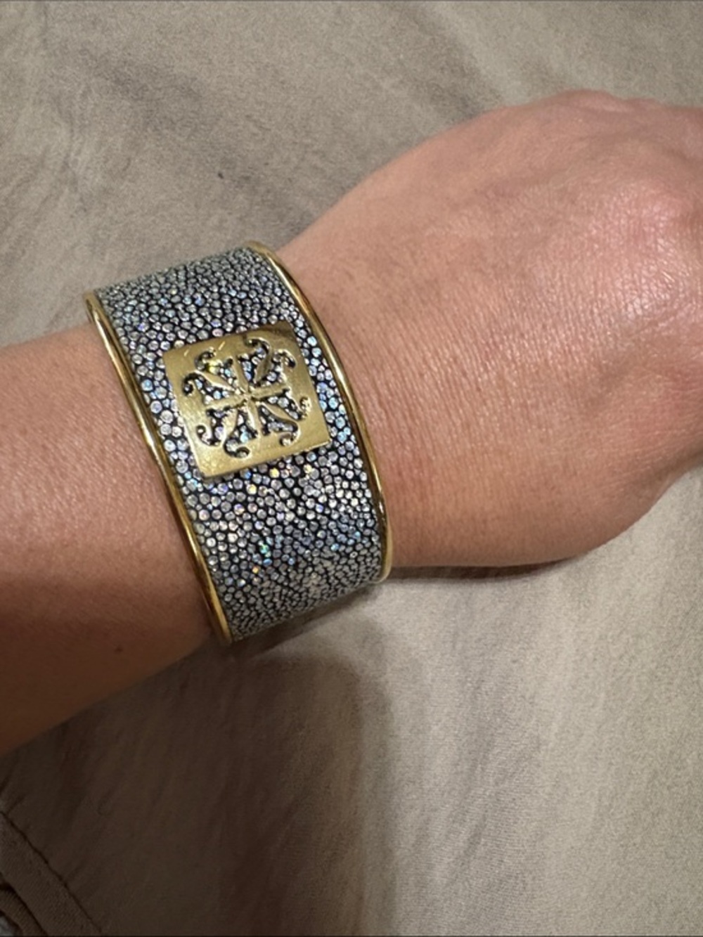 Rustic Cuff Gold-Tone  Cuff Bracelet - multicolor and Gold
I” open.
